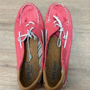 Sperry Coral Canvas Moccasin Slip-Ons with White Laces